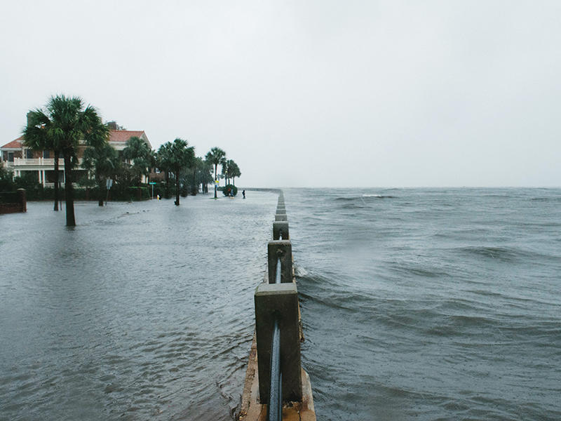 Imperfect Storm: When hurricane inundation, in this case from 2017’s Irma, meets high tide, the Battery gets battered. Pictured here, Murray Boulevard and the Low Battery, with an eight-foot, one-inch tide, one hour and 25 minutes before predicted high tide. Photograph by Jared Bramblett 