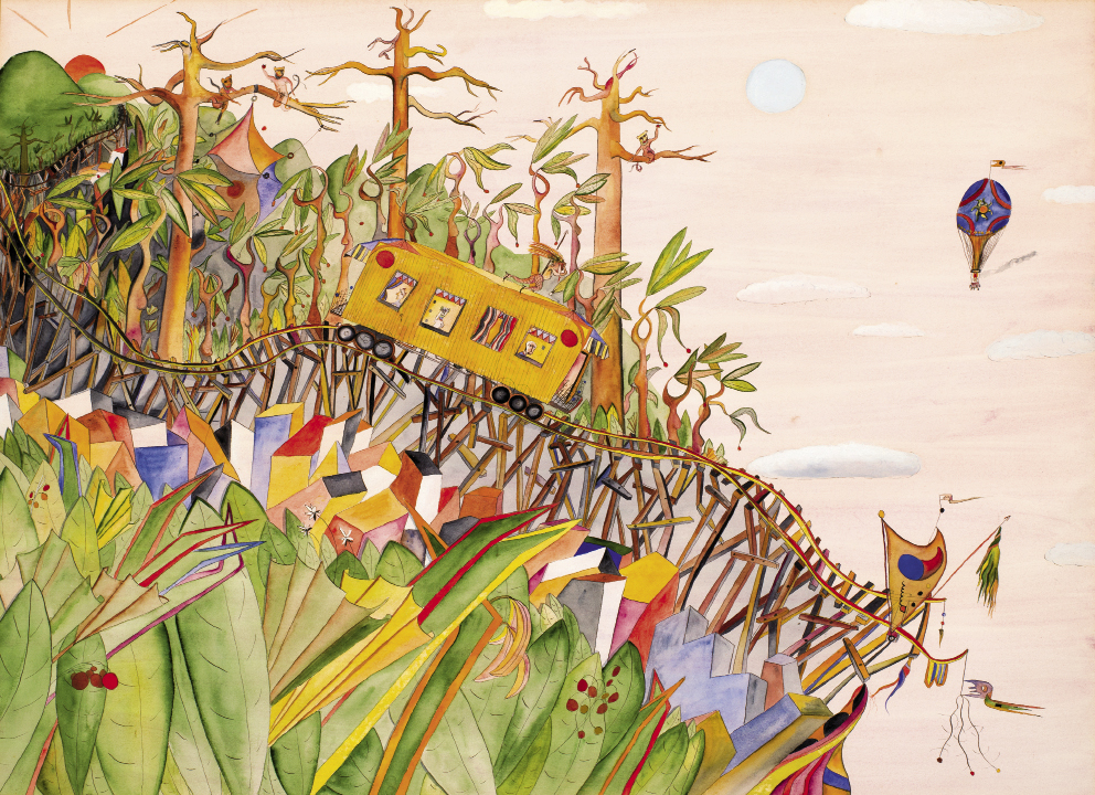 Runaway Train (1976, watercolor on paper, 21 x 28 inches)