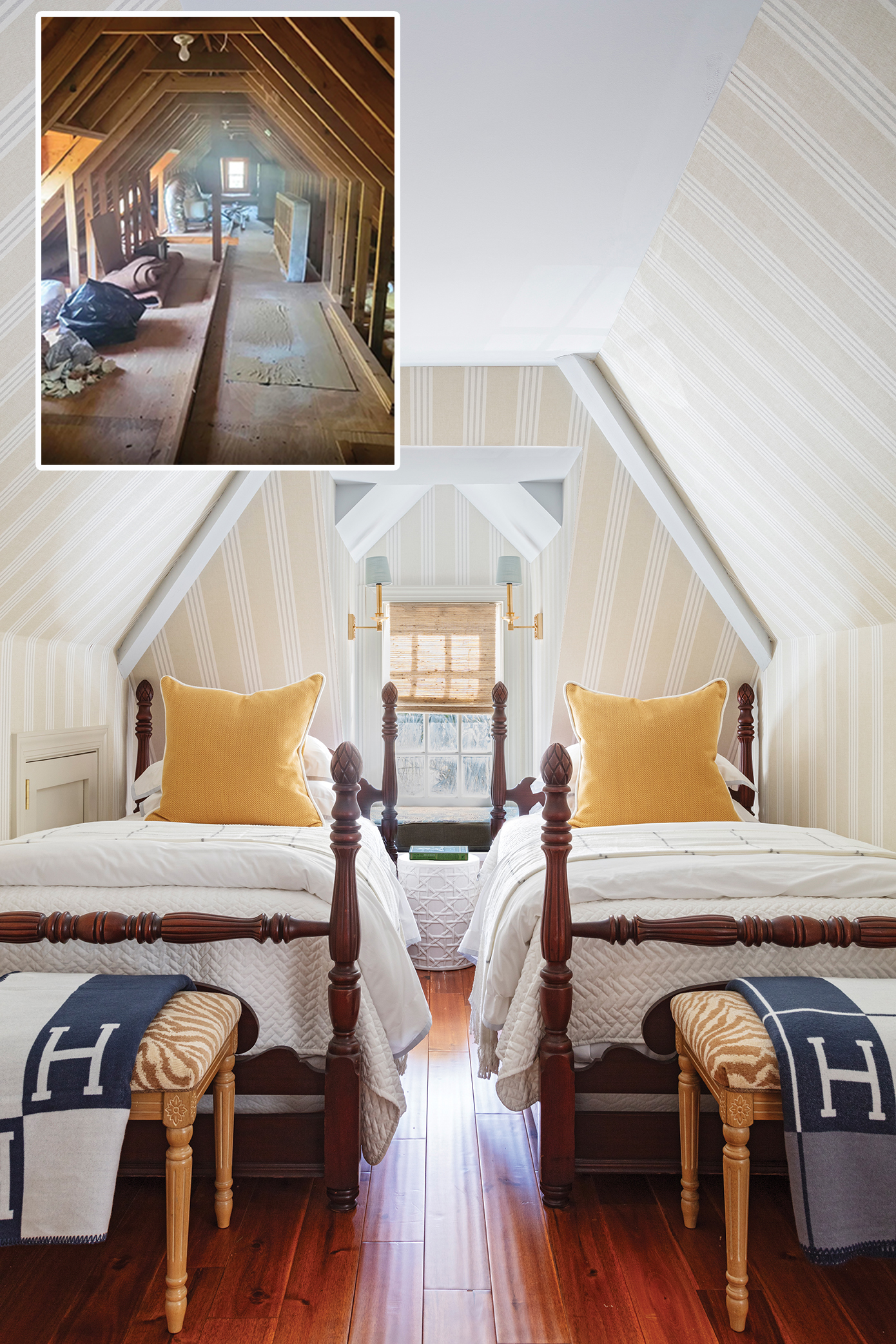 Carved out of a storage attic, the top floor bedroom is furnished with twin beds passed down from Will’s parents, with Scalamandre fabric on the benches—an ideal spot for a kids’ sleepover.
