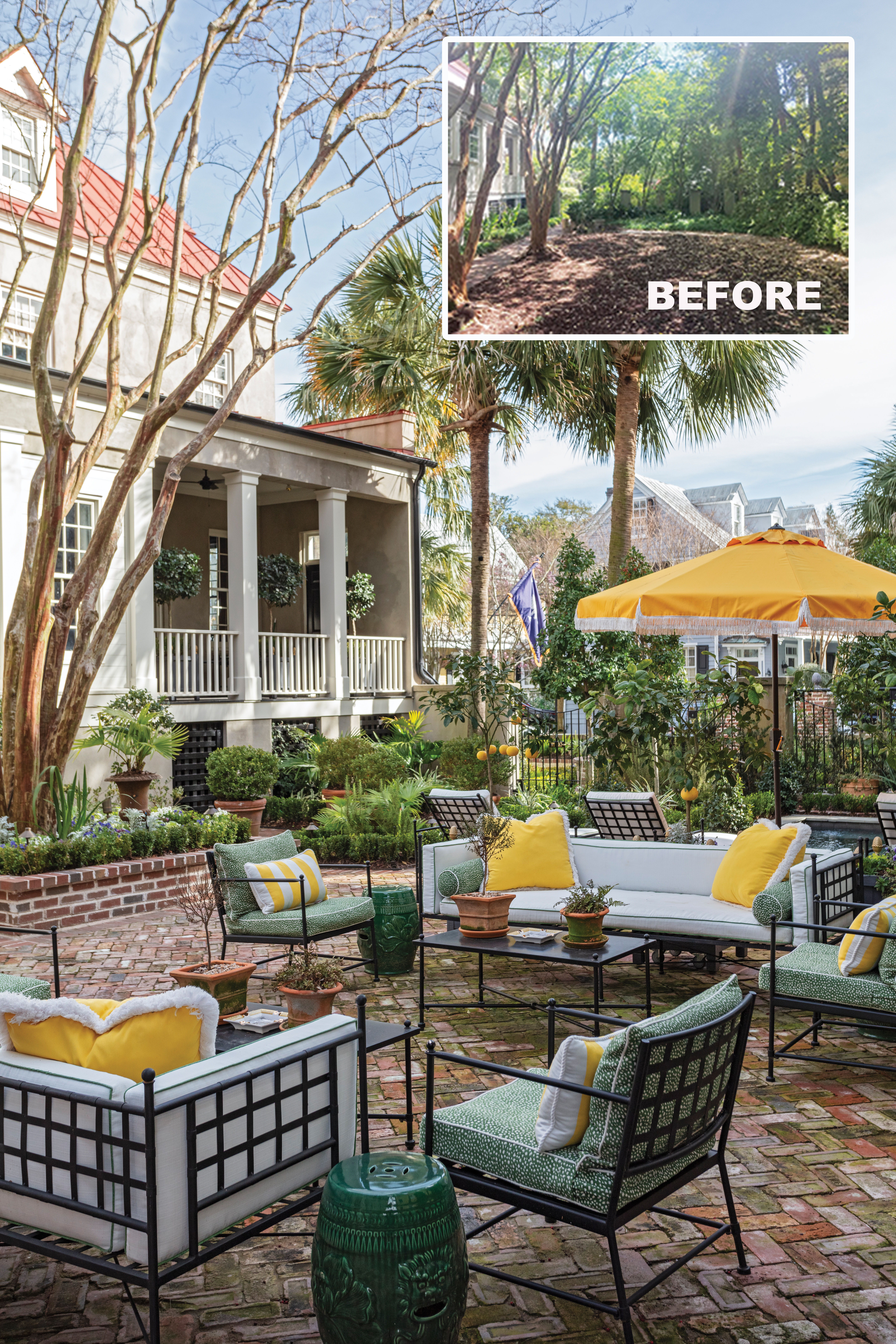 The Hardees reimagined the overgrown side yard as an entertaining space with formal garden beds, a large brick patio, and a pool designed to look like a reflecting pond.