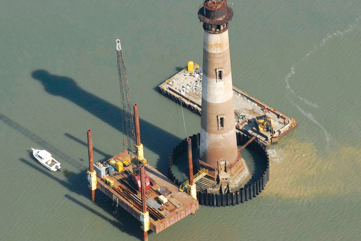 Excavation work being done in 2007 to stabilize the Morris Island Lighthouse.