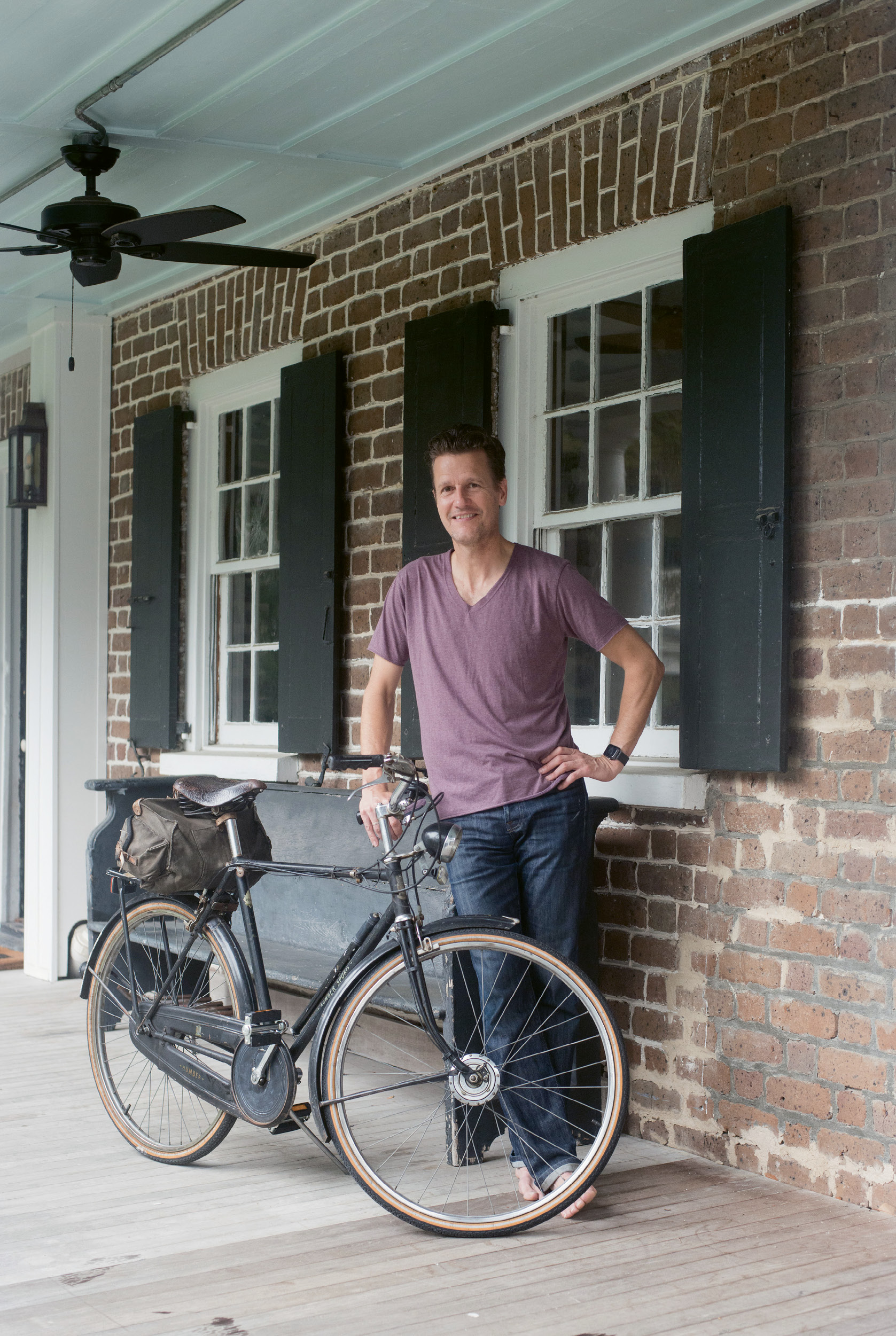 2:45 p.m. - Top Speed: “At home in California, I’m super active—I bike 15 miles a day and play sports with my kids,” Nuttall says. “Here, I ride this bike everywhere; it’s by far the best way to get around Charleston. Our head stage manager, Walter Crocker, has a whole fleet of bikes that he loans out, and for the last 15 years, he’s given me this 1953 English three-speed.”
