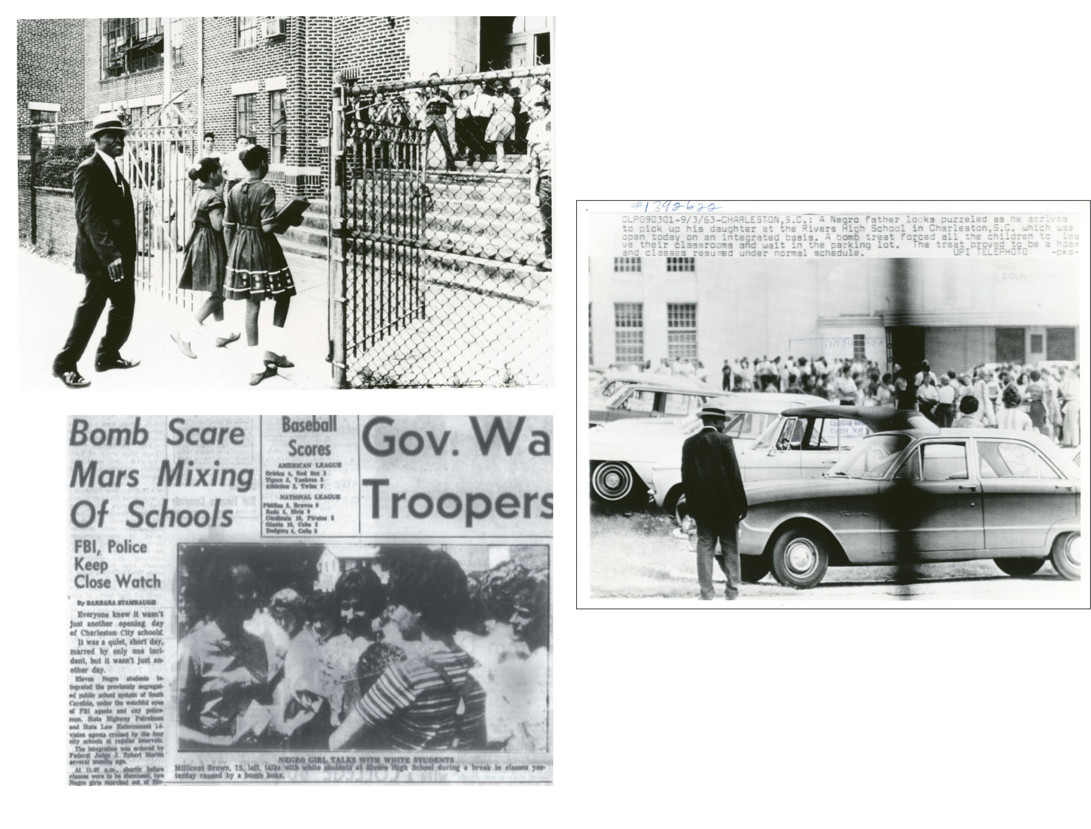 (Counterclockwise from left) The front page of The News and Courier, as well as newspapers across the country, featured Millicent Brown’s first day at Rivers High School, during which three bomb threats forced students to be evacuated into the parking lot. Further down King Street, Clarence Ford escorted his daughter, Barbara, and Oveta Glover into the formerly all-white James Simons Elementary School.