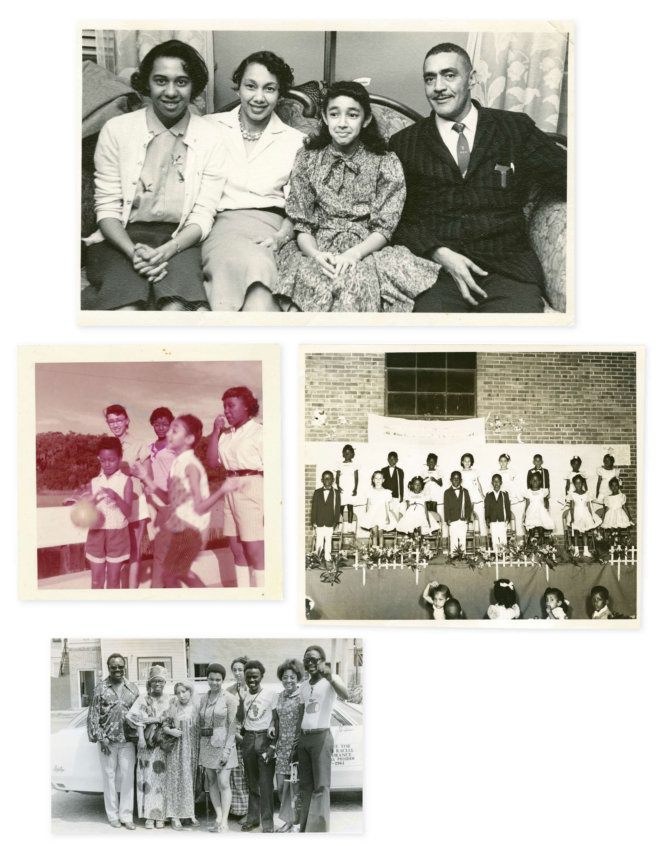 Family Ties: The Browns lived amid a vibrant black middle-class neighborhood on the peninsula. “There were black doctors, lawyers, business owners, well-to-do people and poor, too, but it was an intact community,” says Millicent. (Clockwise from top) With her parents, MaeDe and J. Arthur, and sister Minerva, the original plaintiff in the school suit; at an A. B. Rhett School program in 1954; working with Operation Crossroads Africa in the 1970s (the program was sponsored by the State Department to expose Africans to Lowcountry culture); with older sister Joenelle (far left, back) circa 1957 at a black-owned resort in the Catskill Mountains frequented by the Brown family