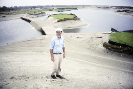 Pete Dye plotting a rough draft of the 17th, which his wife, Alice, insisted include challenging water elements.