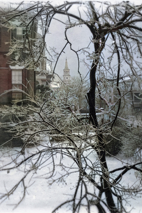Icy Branches, undated Morton Brailsford Paine, (1883-1940)  The steeple of St. Michael’s Episcopal Church is perfectly framed in the icy branches of a tree. Paine shot the image from a window at his house on 47 Meeting Street.