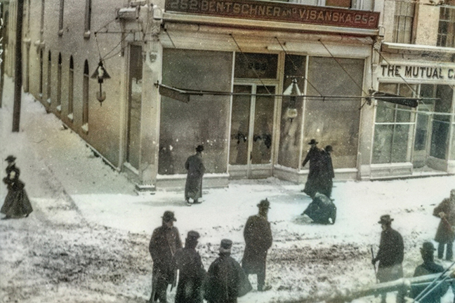 A Busy King Street, circa 1899, by Robert Achurch Leaning out the window of his Amateur Photo Supply shop on King Street, A church captures pedestrians as they slide over the slippery surface.