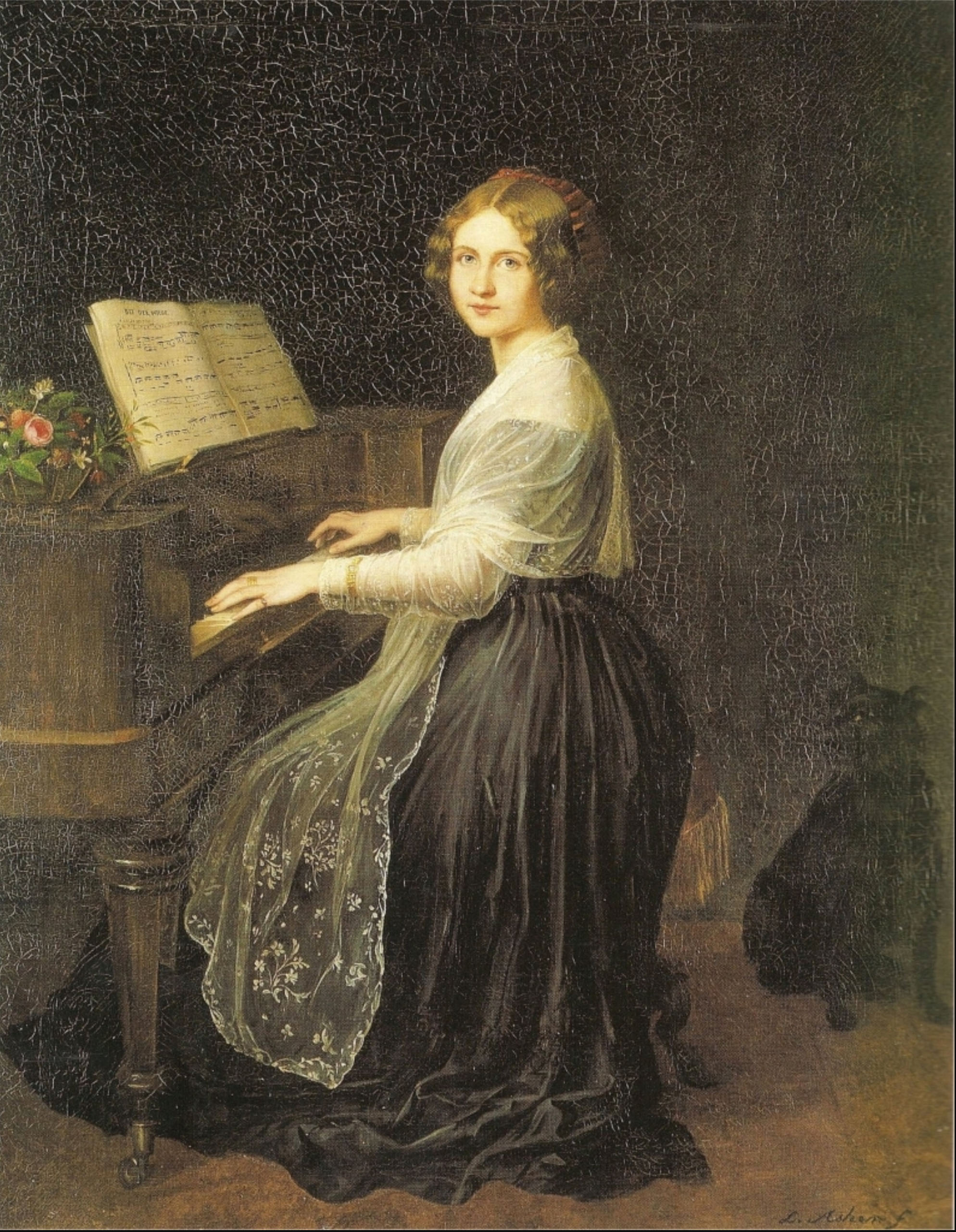 A circa-1845 painting of Jenny Lind at the piano by J.L. Asher; during her US tour, pianos were made in a similar style and named for her.