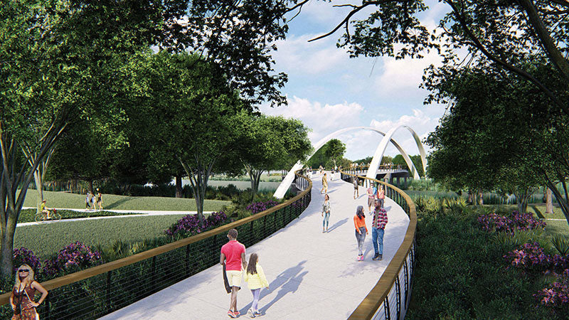 The pedestrian bridge, which connects the area to Riverfront Park, was completed in November 2022.