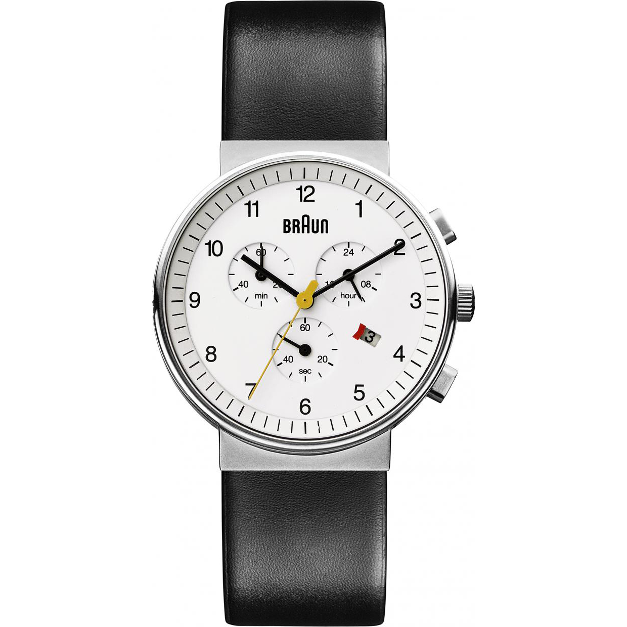 The restaurateur’s Braun watch is a reproduction of a 1960s Dieter Rams design. $300, braun-clocks.com