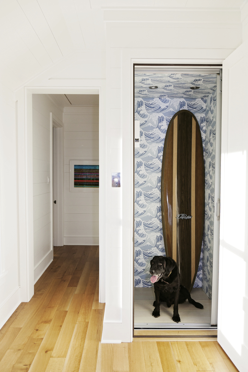 A wallpapered elevator is available for tired surfers.