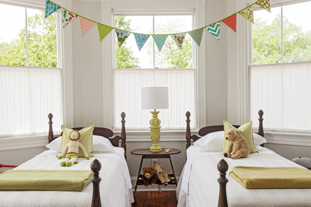 Hand-sewn bunting serves as decor In four-year-old Xander’s room.