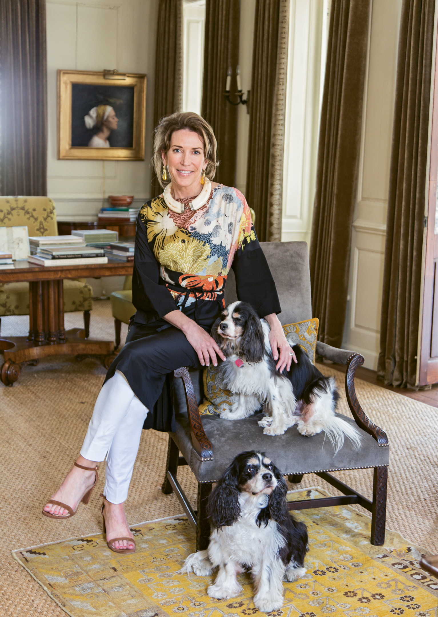 Ann with pups Winston and Buckley in the second-floor drawing room