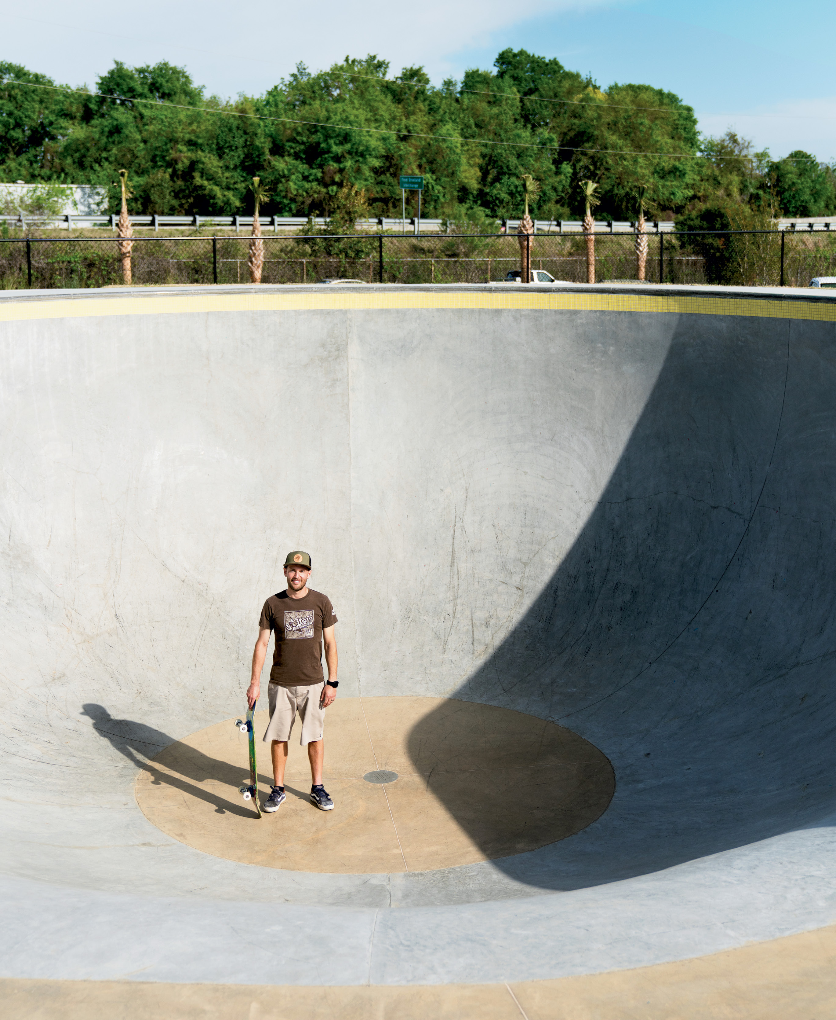 Park manager Josh McFadden in the pro bowl; the avid skater says he found his “dream job” when he was hired to help launch the park last fall. “I love being fully immersed in skateboarding all day, every day,” the College of Charleston grad notes. “This facility is quickly becoming a breeding ground for the next generation of skaters. It serves as a safe place where young people can come and practice their skills and interact with their peers.”