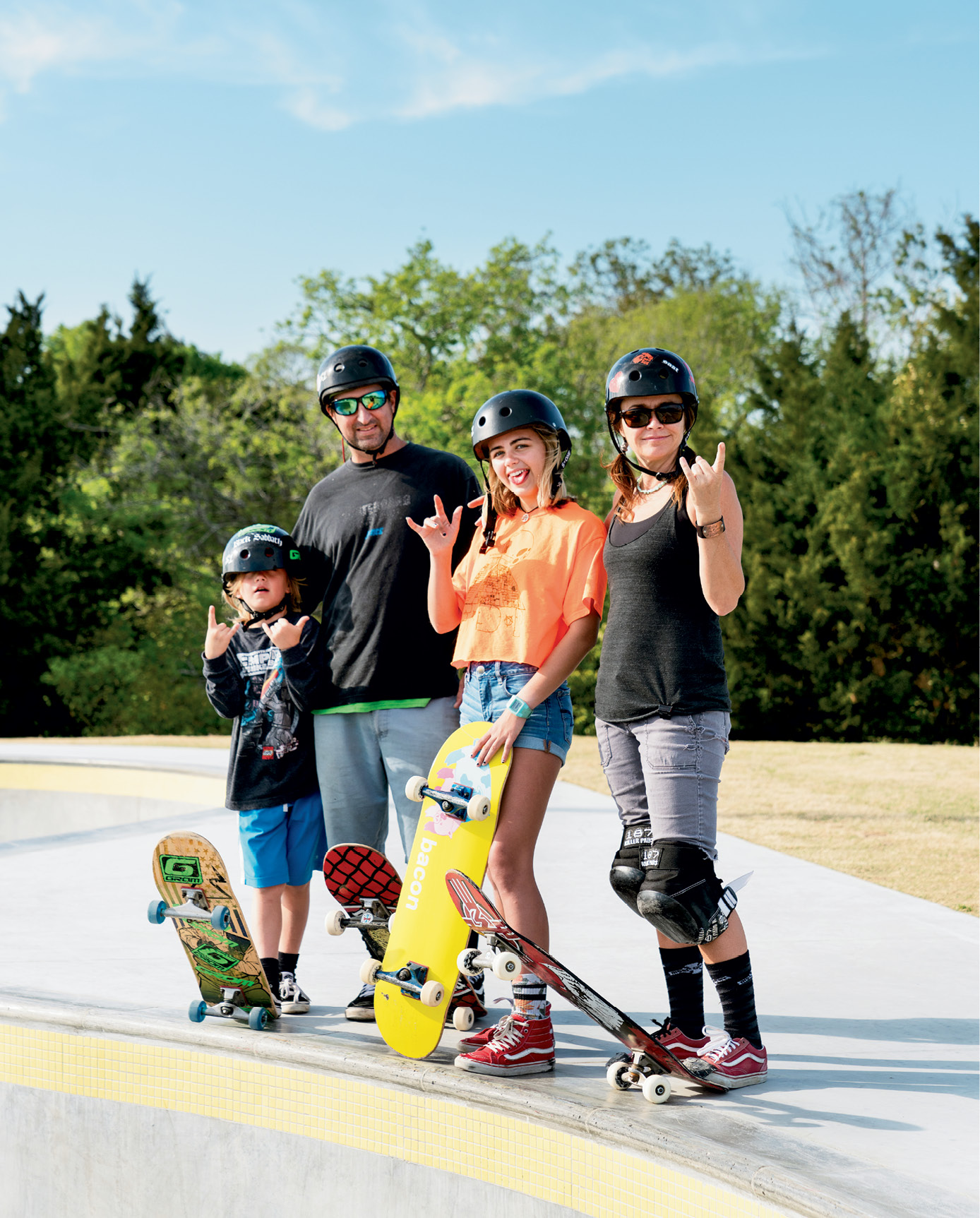 The Smith Family: Johnny Otis, Mark, Audrey, and Shannon, a longtime skater and Pour It Now advocate; “It was incredibly moving to see the park come alive and everyone so stoked,” Shannon says about opening day, “especially knowing that it will benefit countless people of all ages in multiple ways.”