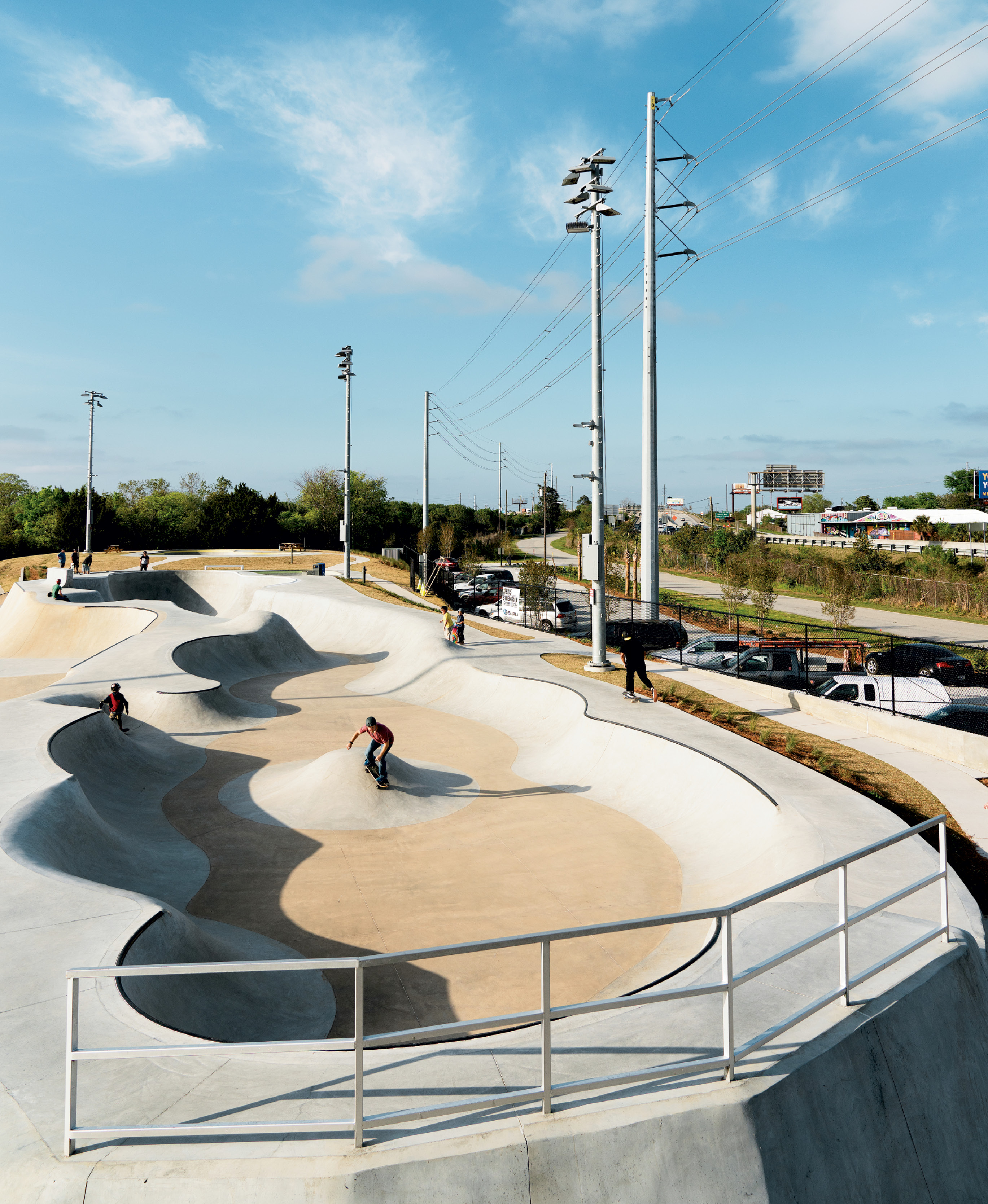 The popular, 200-foot  Snake Run leads into a nine-foot-deep pocket; the terrain—designed and built by Team Pain Skate Parks—has something for everybody, from pros to novices.