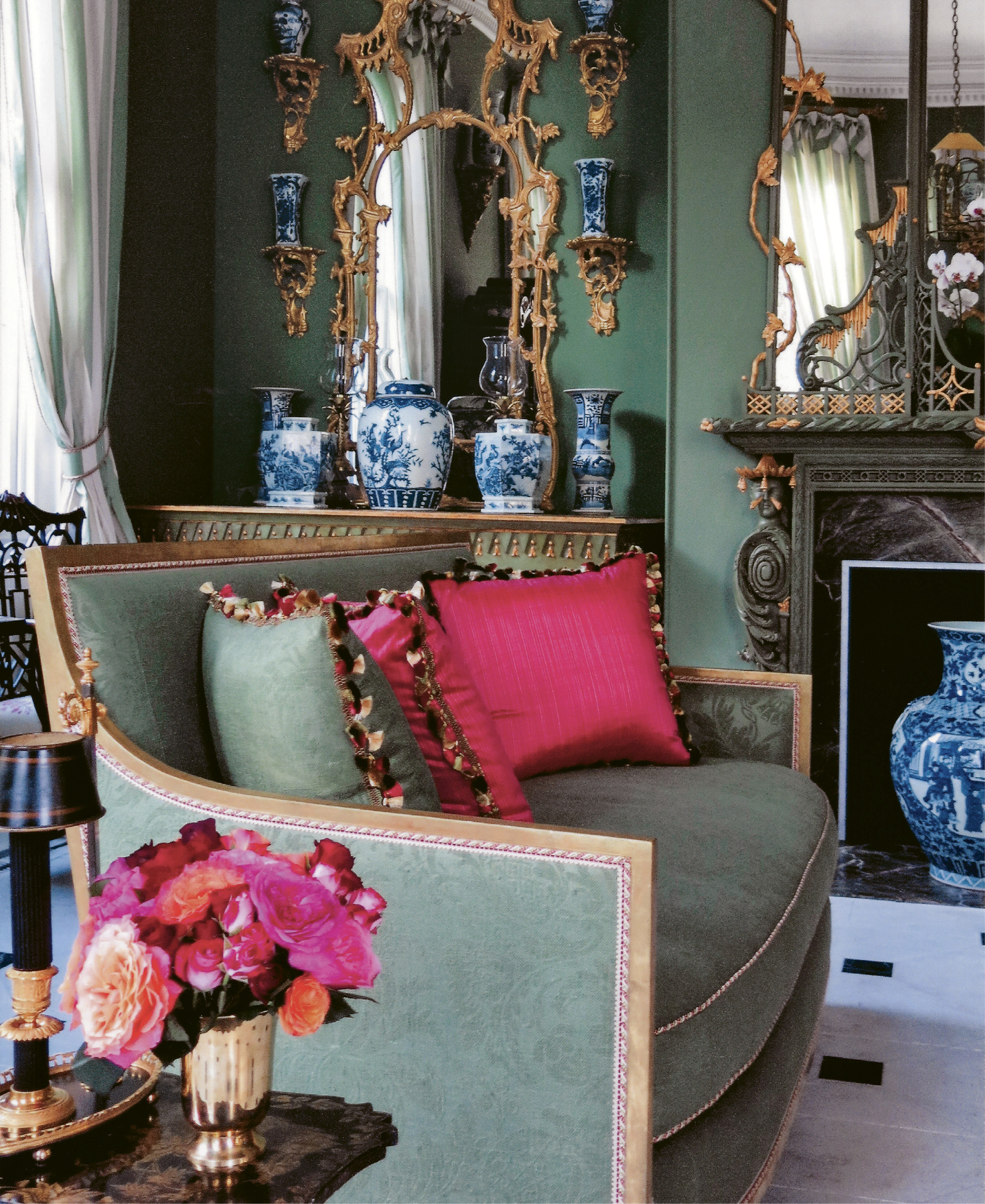 Living In Color: Her living room is an ornate ode to texture, color, and craftsmanship and a showcase for her love of chinoiserie, including lacquerwork, carved and gilded wood, and blue-and-white porcelain.
