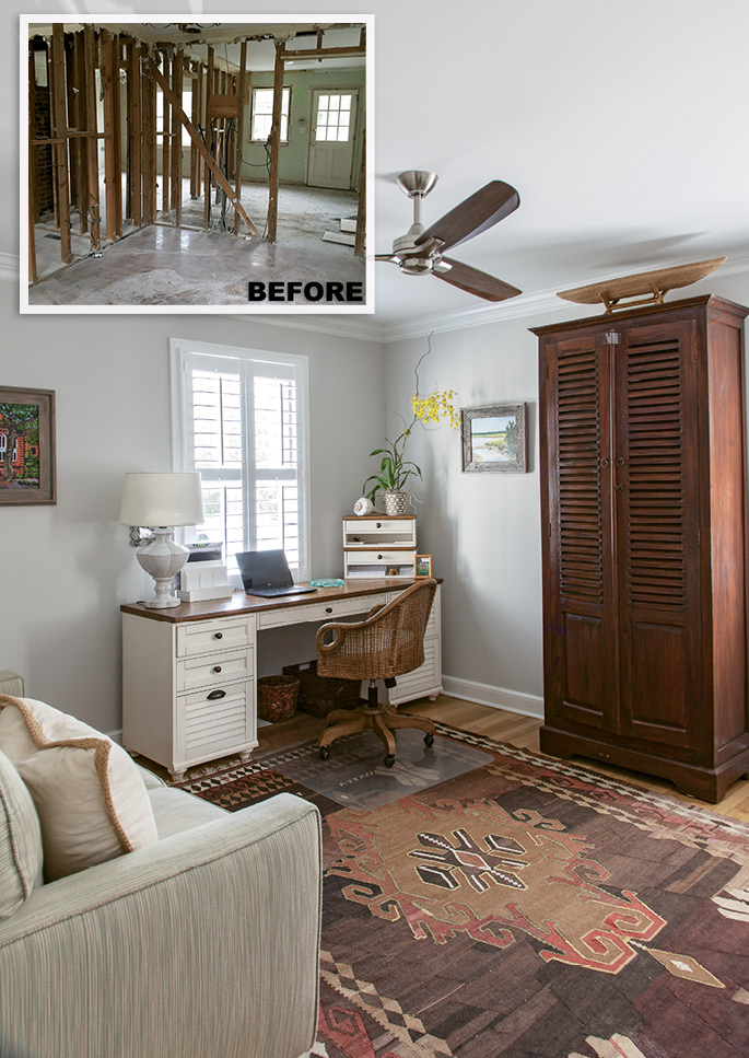 LIGHTEN UP: Knocking down walls and adding two sets of French doors allowed natural light to flood the ground floor. (Below) Rachel often sets up shop in her office (the desk is from Pottery Barn; the armoire, Nadeau; and the rug is a family heirloom) or on the back deck.