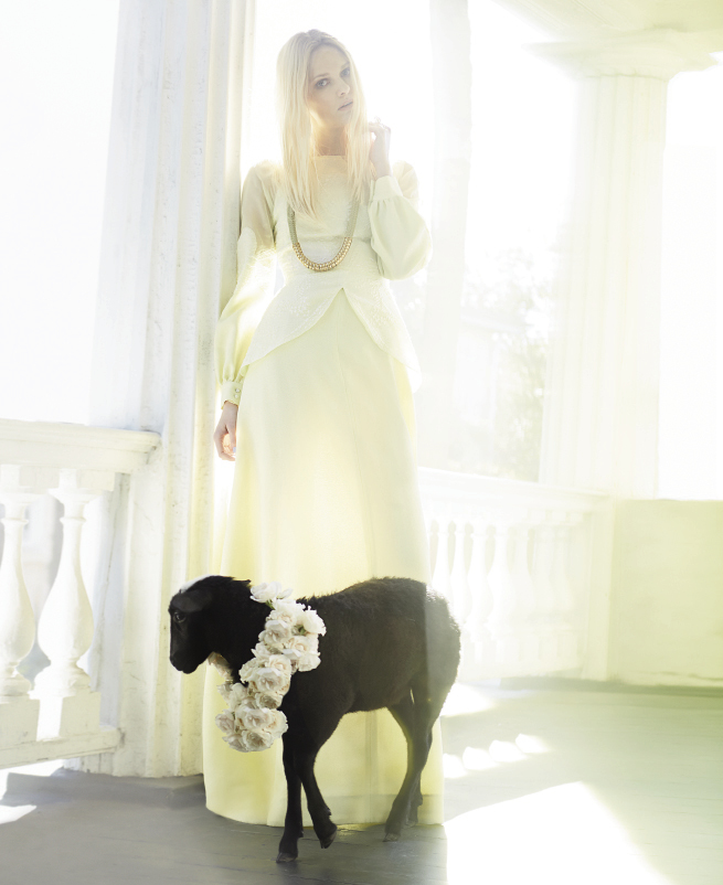 OUT LIKE A LAMB: Honor gazar gown, $3,500 at honornyc.com; Host + Lee mixed-metal rope necklace, $195 at Cynthia Rowley