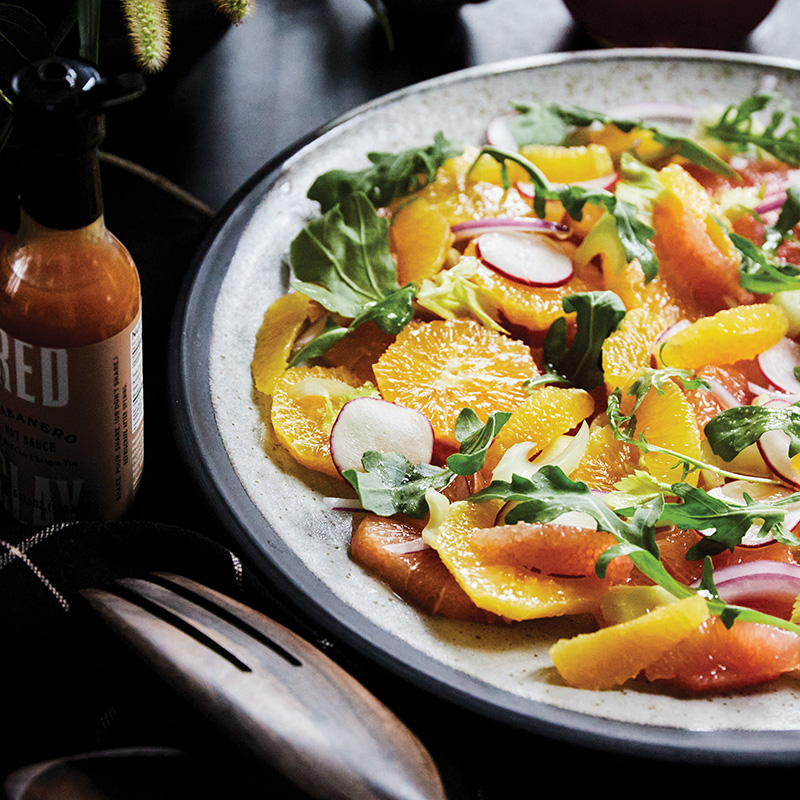 Blood oranges, grapefruits, tangelos, and a Habanero hot sauce vinaigrette deliver tang and vibrancy to the salad course.