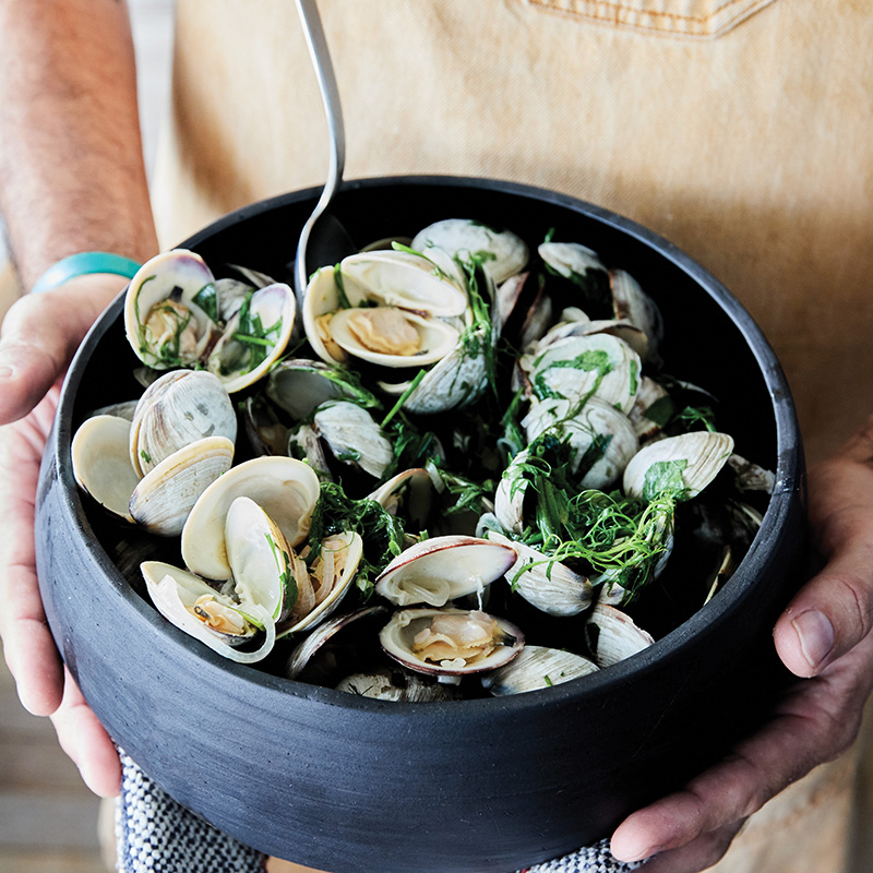 Littleneck clams from Abundant Seafood served with Red Clay’s bright and zingy Verde sauce