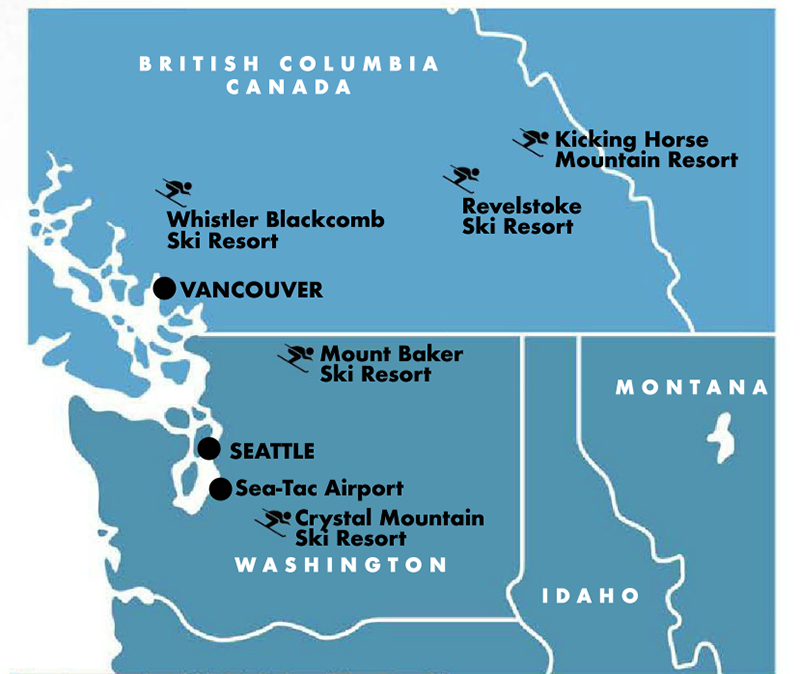 Easy Access: Alaska Airlines’ direct flight to Seattle-Tacoma International Airport (aka Sea-Tac) takes about six hours. From there, it’s an incredibly scenic four-hour drive to Whistler, with Vancouver serving as a welcome way point. Crystal and Baker mountains make perfect bookends for a comprehensive ski tour.