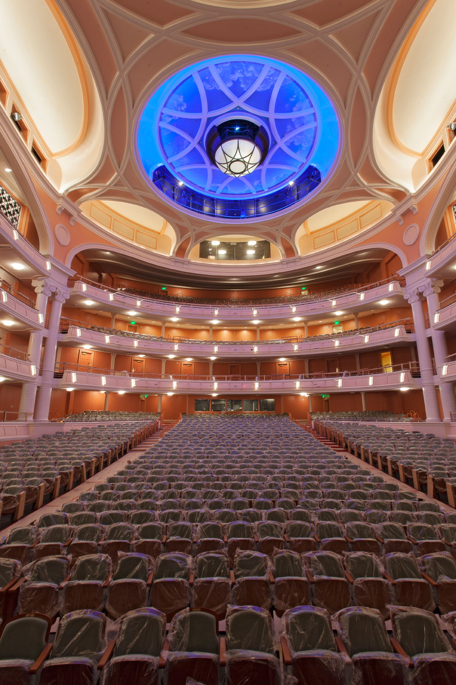 The neoclassical Gaillard Center and its centerpiece Performance Hall are modeled after the great European concert halls, with an orchestra level surrounded by three balcony tiers.