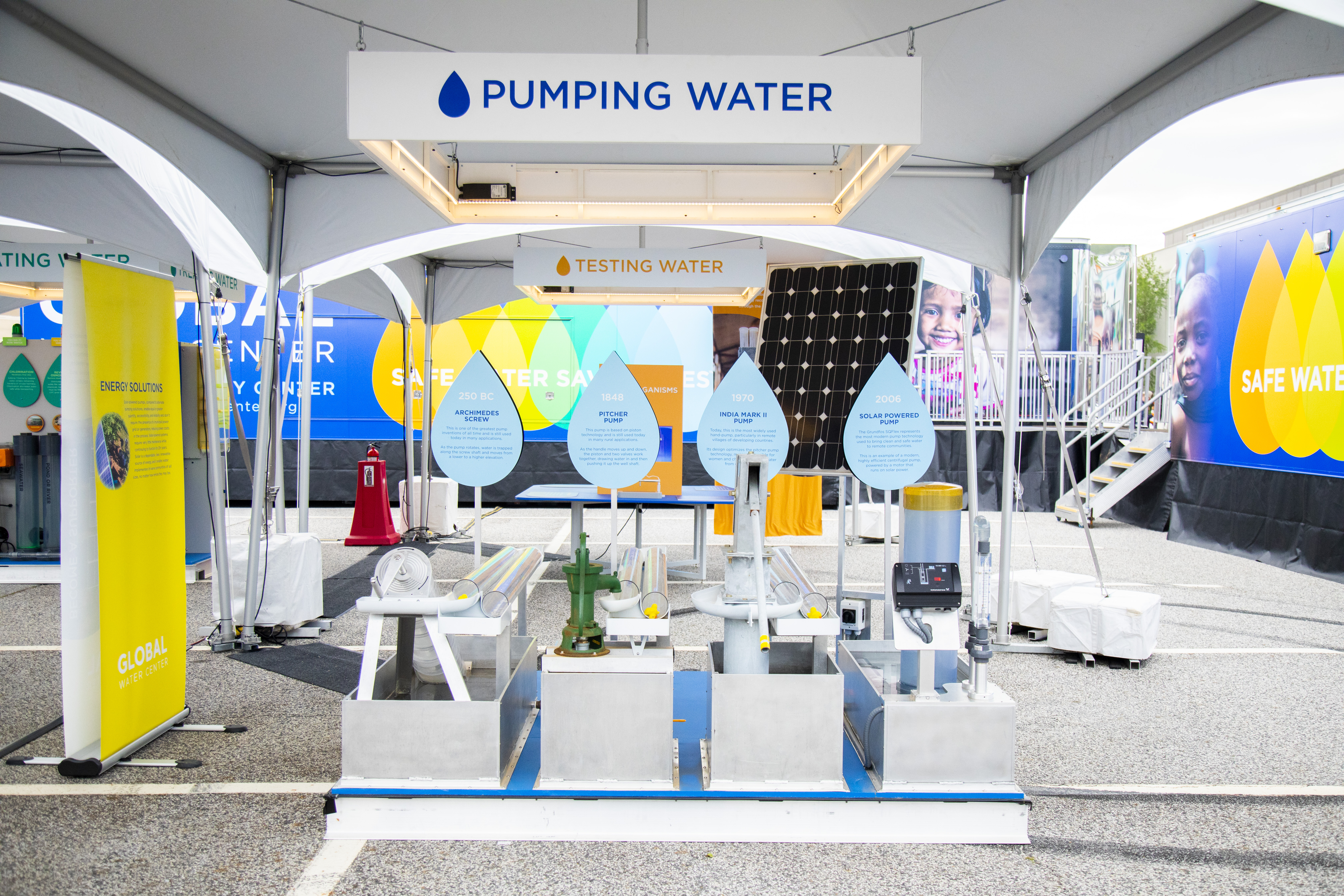 Outdoor pavilions offer hands-on activities for learning about water testing, solar-powered systems, and water treatment.