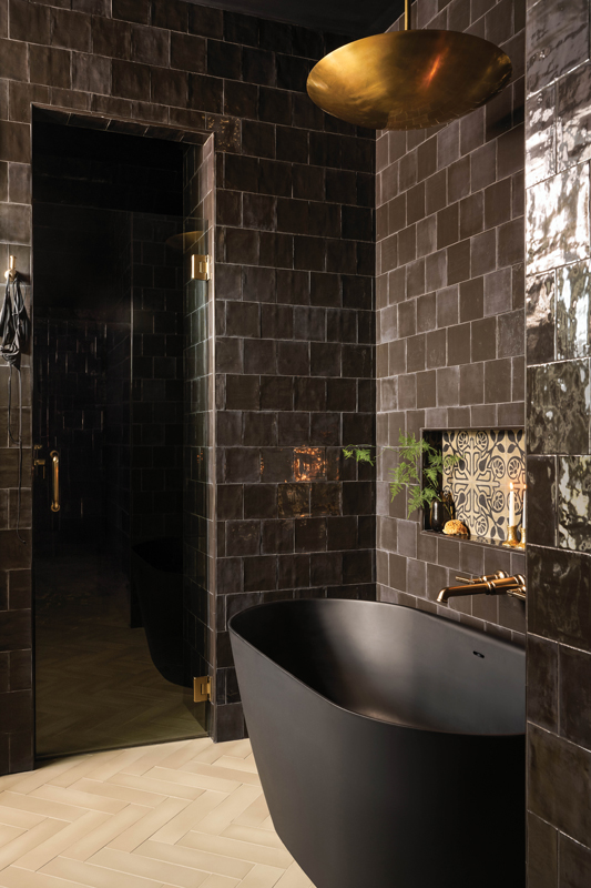 The deep brown Moroccan tile in the bathroom was inspired by the family’s trip to Iceland.