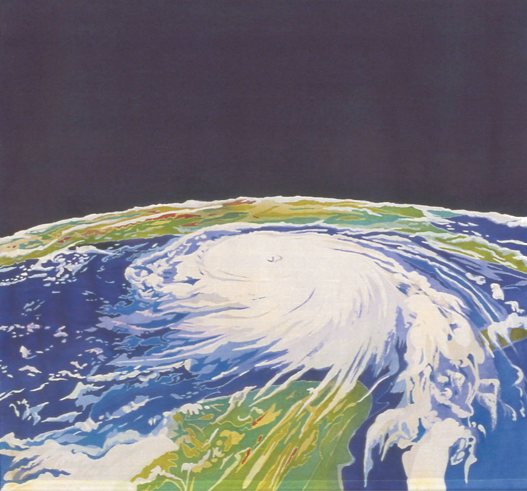 Artistic Eye: Fraser’s 2007 batik on silk (50.75 x 53.75 inches) of Hurricane Katrina’s destructive swirl evokes its eerie beauty as well; image courtesy of Mary Edna Fraser