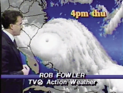 Channel 2 meteorologist Rob Fowler gave hourly updates on the progress of the storm, including this report the afternoon of Thursday, September 21, 1989, just hours before Hugo made landfall. Fowler described hurricane-force winds extending 140 miles out from the center.