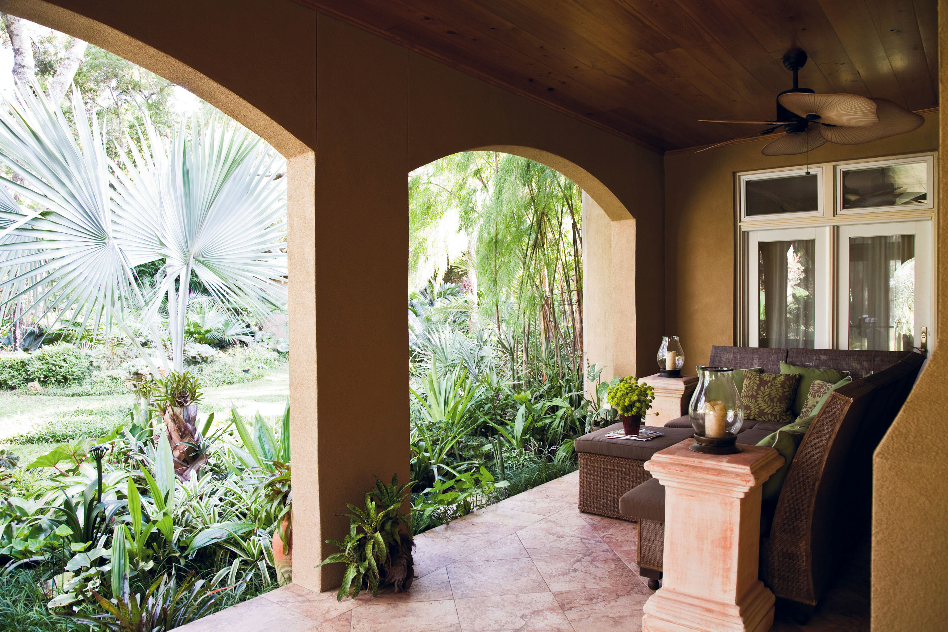 The loggia near the home’s entrance provides another sip-and-see seating area.