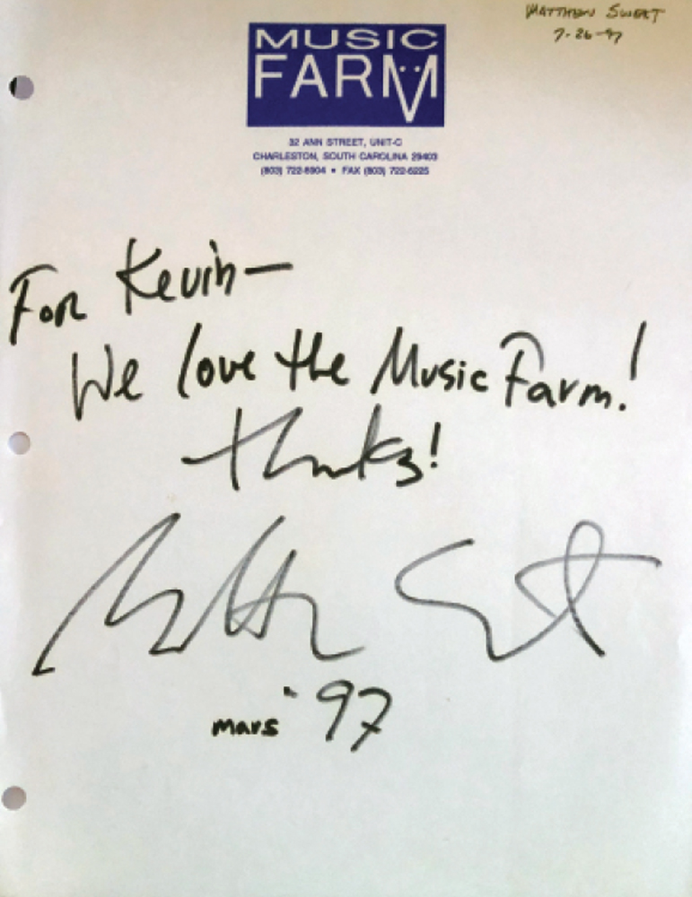 A sampling of the many autographs and thank-yous from bands and artists who played the Farm, including David Byrne’s missive to co-founder Carter McMillan on a record sleeve, for giving him a ride to dinner. “We took care of the bands,” says Kevin Wadley. “As a musician, I knew how I wanted to be treated, and that paid off for us.”