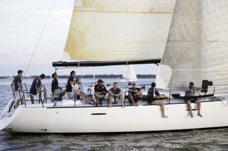 Nice Ride: The Dauntless crew looks sharp as they wait on fair winds during a Summer Series race. A 47-foot Beneteau captained by Don Terwilliger, Dauntless is a fierce competitor in CORA’s A Fleet.