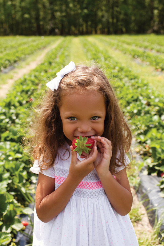Ella Ray DeMey samples a strawberry at Wabi Sabi Farm in Cordesville.