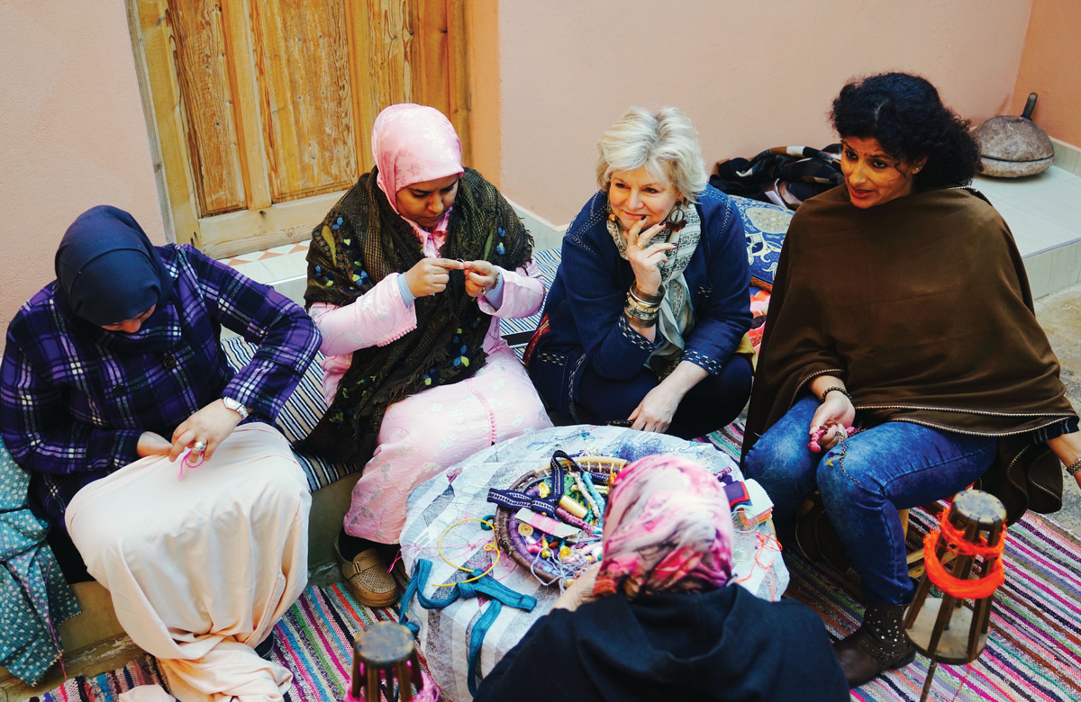 Mas Moss: Noted designer and Ibu Ambassador Charlotte Moss (second from right) with artisan leader Nawal El Hariti (right) in Ourika, Morocco, planning for the Charlotte Moss X Ibu collection released in fall 2017. Moss returns to Charleston this March to debut her second Ibu collection.