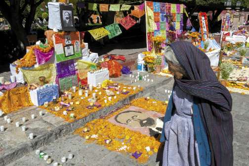 An elderly woman admires one of the displays made of seeds to recognize lost relatives and historical figures.