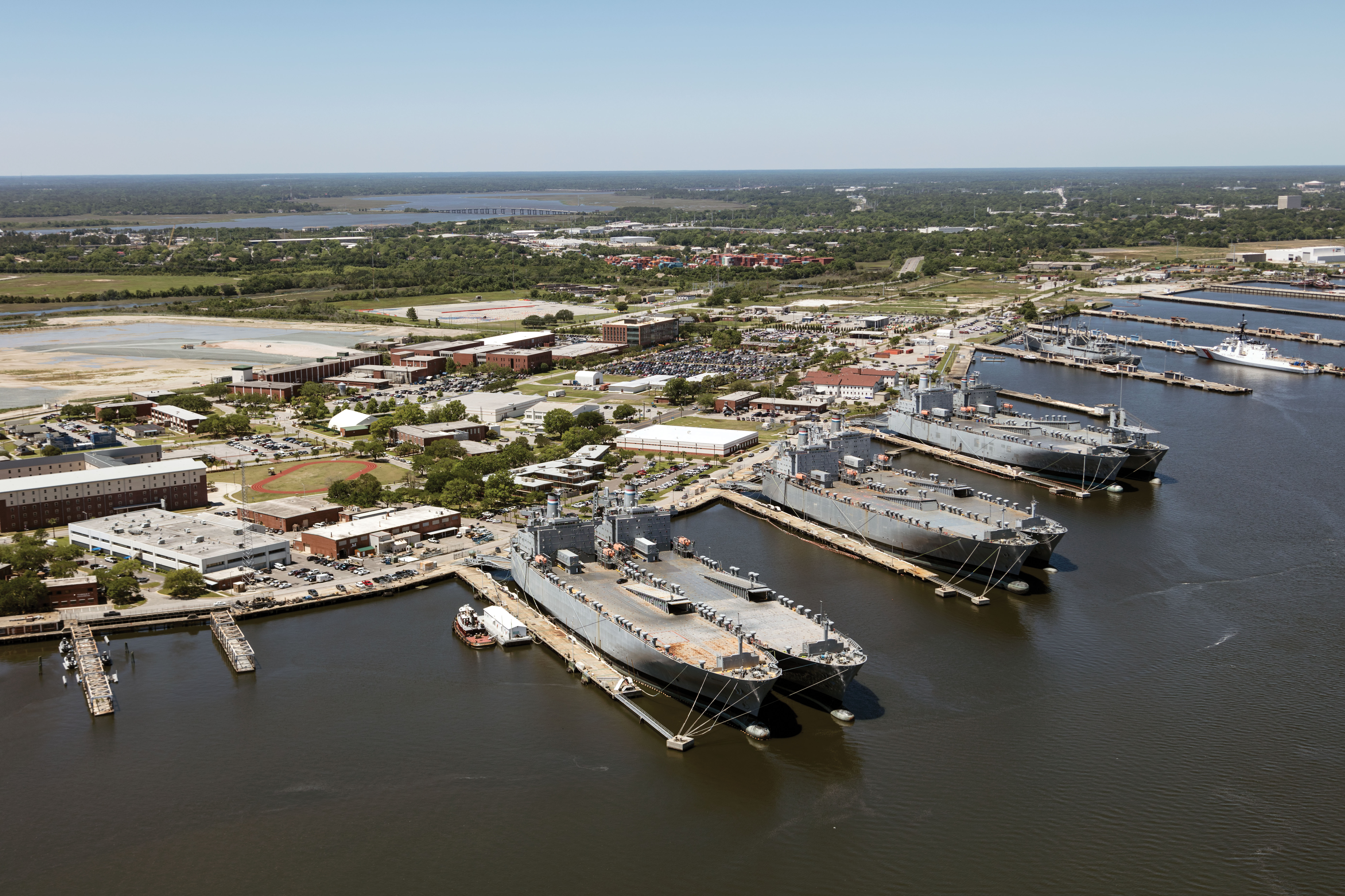 A bird’s-eye view of the former Charleston Navy Base, a shipbuilding and repair facility, which closed in 1996.