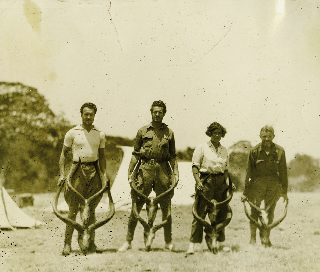 in Ethiopia circa-1928 with her future husband Sidney (to her right), his brother Morris (far right), and scientist Donald Carter (left)—the antlers may be those of mountain nyala