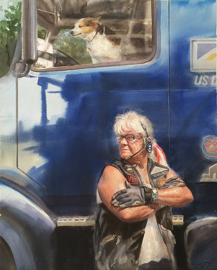 For “We the People,” Whyte created an ambitious portrait of America via 50 watercolors, one from every state, depicting veterans from all walks of life, including Sondra, a truck driver in Toledo, Ohio, in Long Haul (watercolor on paper, 35.75 x 28.5 inches, 2015).