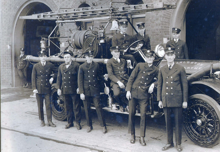 In a circa-1925 photo, the Charleston Fire Department’s Motor Engine Company Number 7 poses outside its Cannon Street station (still in service today).