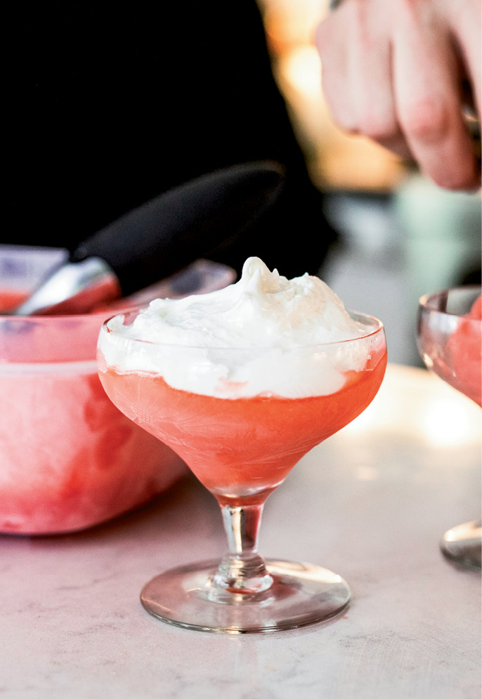 The alcohol in the recipe keeps the sorbet from freezing rock hard, making it easy to scoop.