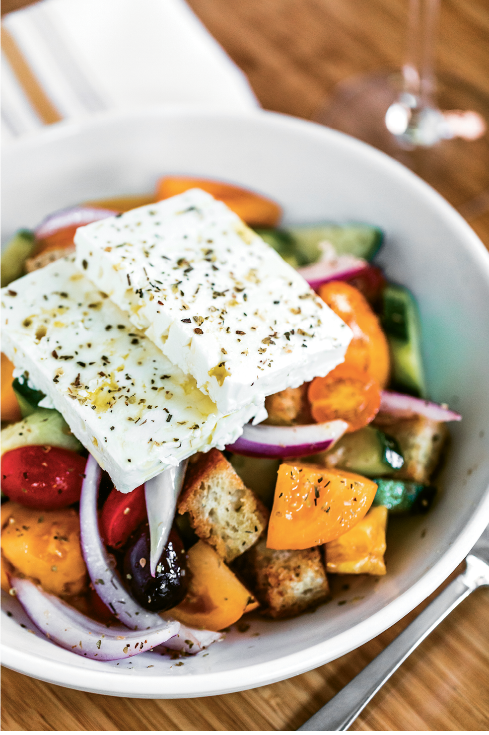 Greek salad with feta squares