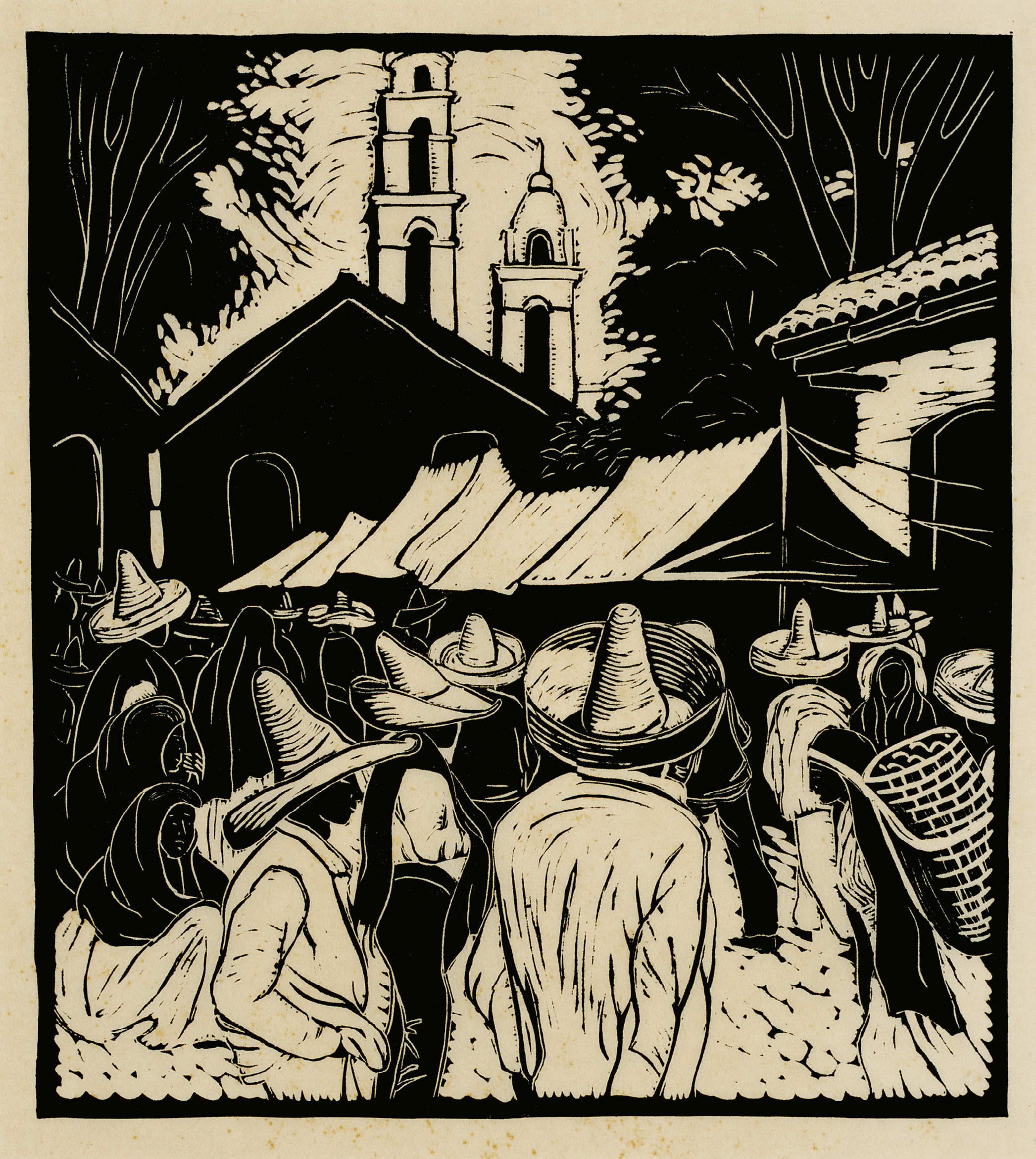 The artist traveled throughout Mexico from June 1935 to September 1936, capturing the culture and day-to-day lives of its residents in pieces, such as this “white line” woodblock print, Mexican Marketplace (circa 1935).