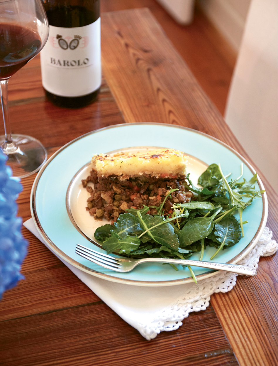 Emerson riffs on traditional shepard’s pie by using soy meat crumbles; for a more classic version, you can substitute one pound of minced lamb.
