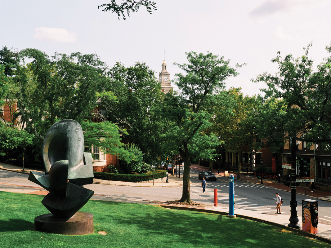 College Hill scenery includes sculptures on the Brown University campus and homes from the 18th and 19th centuries.