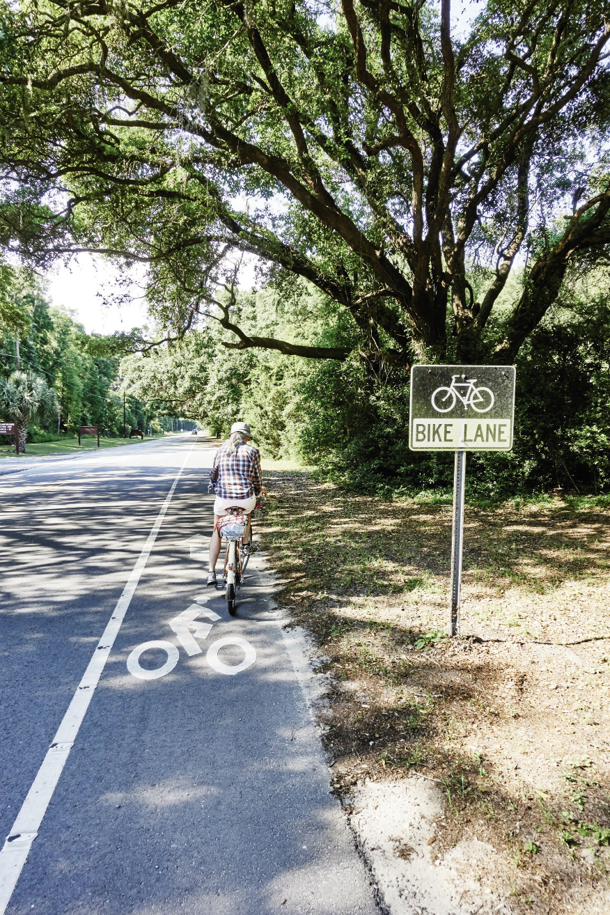 Edisto Island: The final miles of Highway 174 are well-marked for cyclists; one of the oak-shaded campsites at Edisto Beach State Park; pedaling here offers views of tidal creeks on a mix of paved and sandy roads and paths in the maritime forest.
