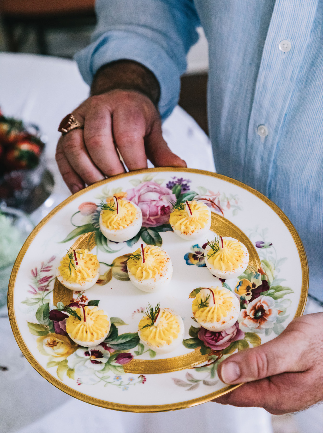 Hand-painted 19th-century English china plates are the perfect vessel for deviled eggs.