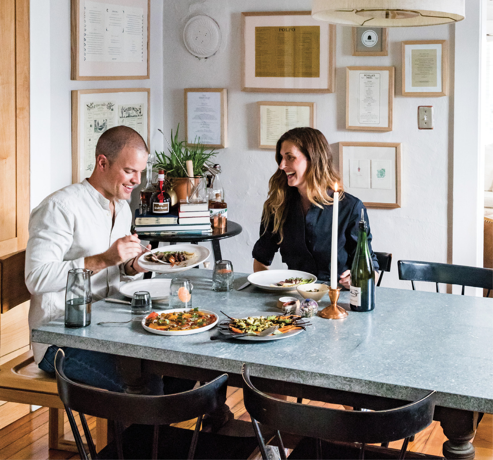 Cozy dinners at home are a welcome reprieve for the busy entrepreneurs. Plus, special touches like lit candles and beautifully garnished dishes make the case for spending date night in.