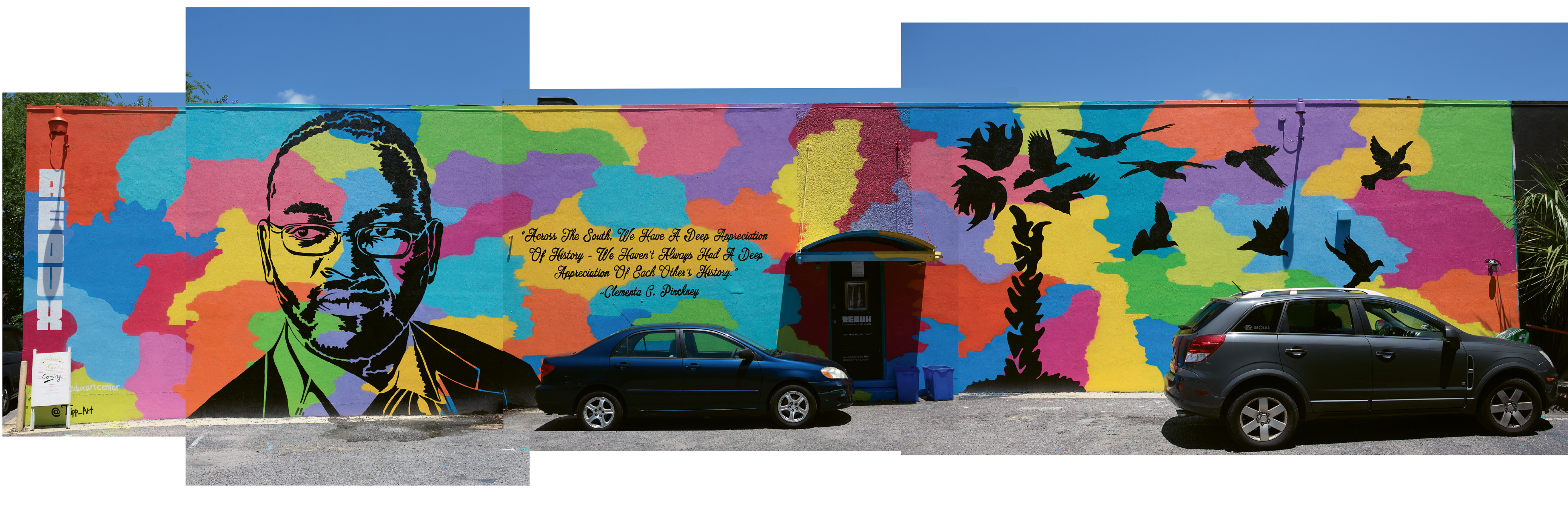 In Remembrance  by Tripp Derrick Barnes  May 2016  Redux Contemporary Art Center (136 St. Philip St.)  Working with a team of artists, the Columbia native painted this mural in his “PopNeoism” style to honor the Rev. Clementa Pinckney and the Emanuel AME church parishioners killed during Bible study on June 17, 2015.